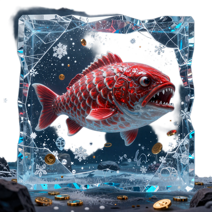 Huge Red Maskottchen Ice Fishing Casino 3D Fisch hinter gefrorenem Eis mit goldenen M&uuml;nzen